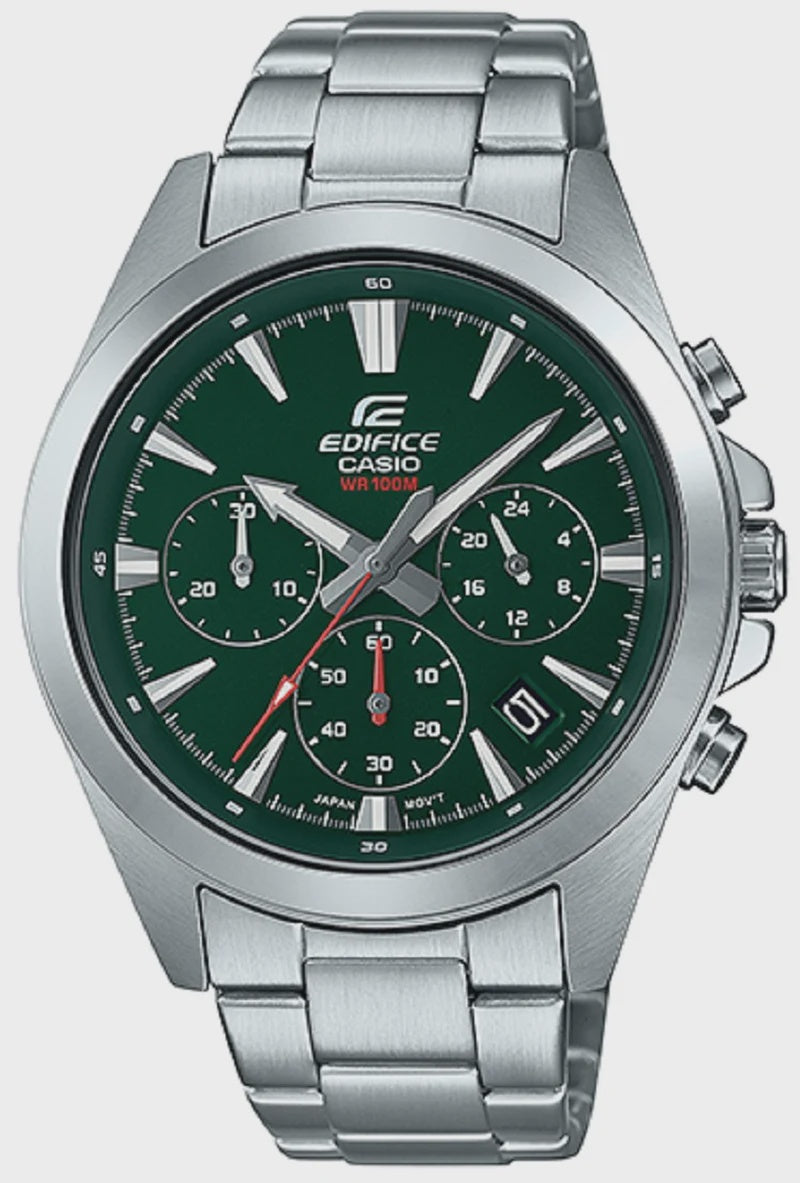 Casio Edifice EFV-630D-3AVUDF quartz chronograph watch with green sunray dial, 43.9mm stainless steel case, three sub-dials, date window, and integrated steel bracelet