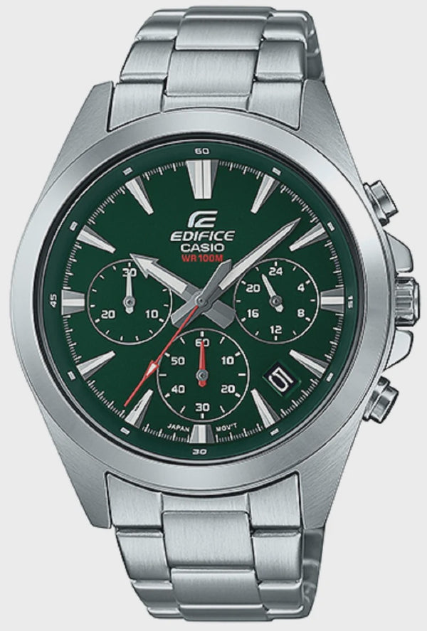 Casio Edifice EFV-630D-3AVUDF quartz chronograph watch with green sunray dial, 43.9mm stainless steel case, three sub-dials, date window, and integrated steel bracelet