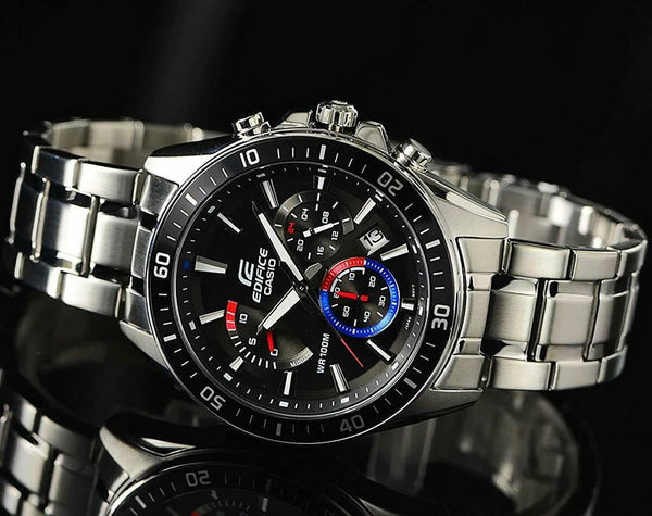 Casio Edifice EFR-552D-1A3VUDF Quartz Chronograph Black Dial Stainless Steel Watch with Blue & Red Accents