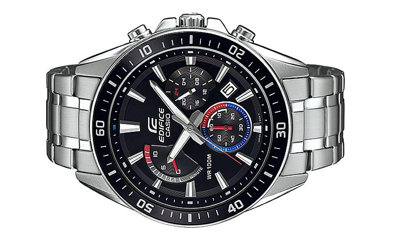 Casio Edifice EFR-552D-1A3VUDF Quartz Chronograph Black Dial Stainless Steel Watch with Blue & Red Accents
