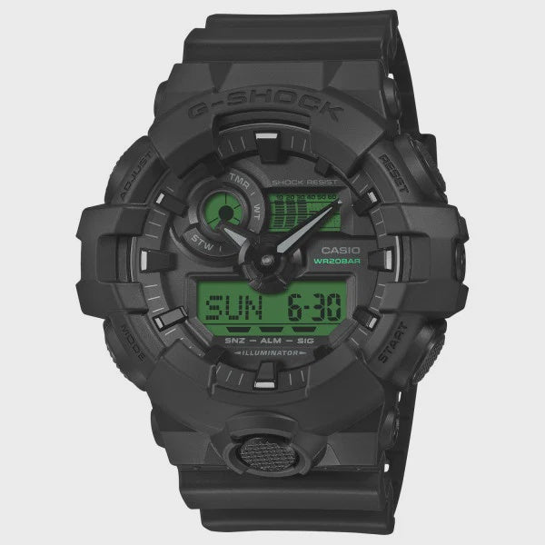 Casio G-Shock GA-700BEG-1A black resin ana-digi watch with green digital display and 200m water resistance