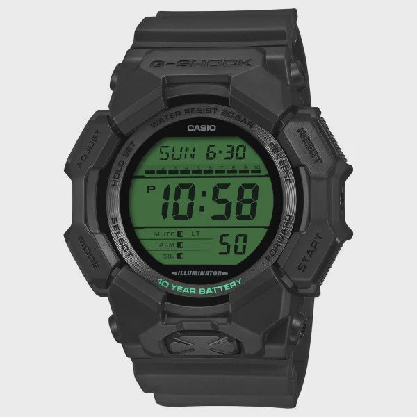 Casio G-Shock GD-010BEG-1D digital watch with black bio-based resin case and green LCD display