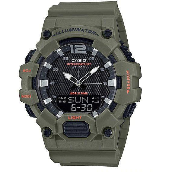 Casio HDC-700-3A2VDF analog-digital quartz watch with olive green resin case and strap, black textured dial, LED illumination, and 100m water resistance