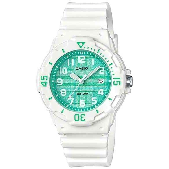 Casio LRW-200H quartz diver watch with cyan textured dial, white resin case and strap, rotating bezel, 100m water resistant