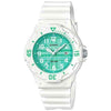 Casio LRW-200H quartz diver watch with cyan textured dial, white resin case and strap, rotating bezel, 100m water resistant