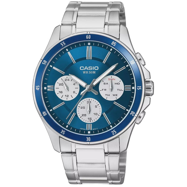 Casio MTP-1374D-2A3VDF quartz watch with 44mm round stainless steel case, blue sunburst dial, multi-function day-date display, fixed blue tachymeter bezel, and polished stainless steel three-link bracelet