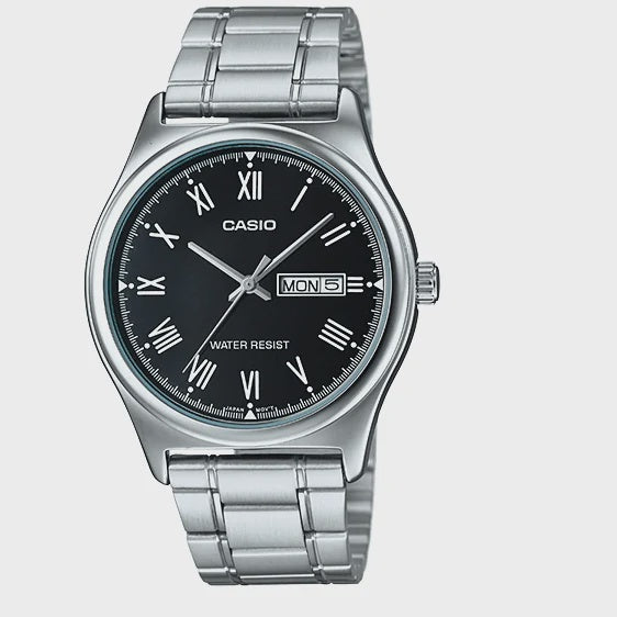 Casio MTP-V006D-1BUDF men's quartz watch with black Roman numeral dial, day-date display, and polished stainless steel bracelet