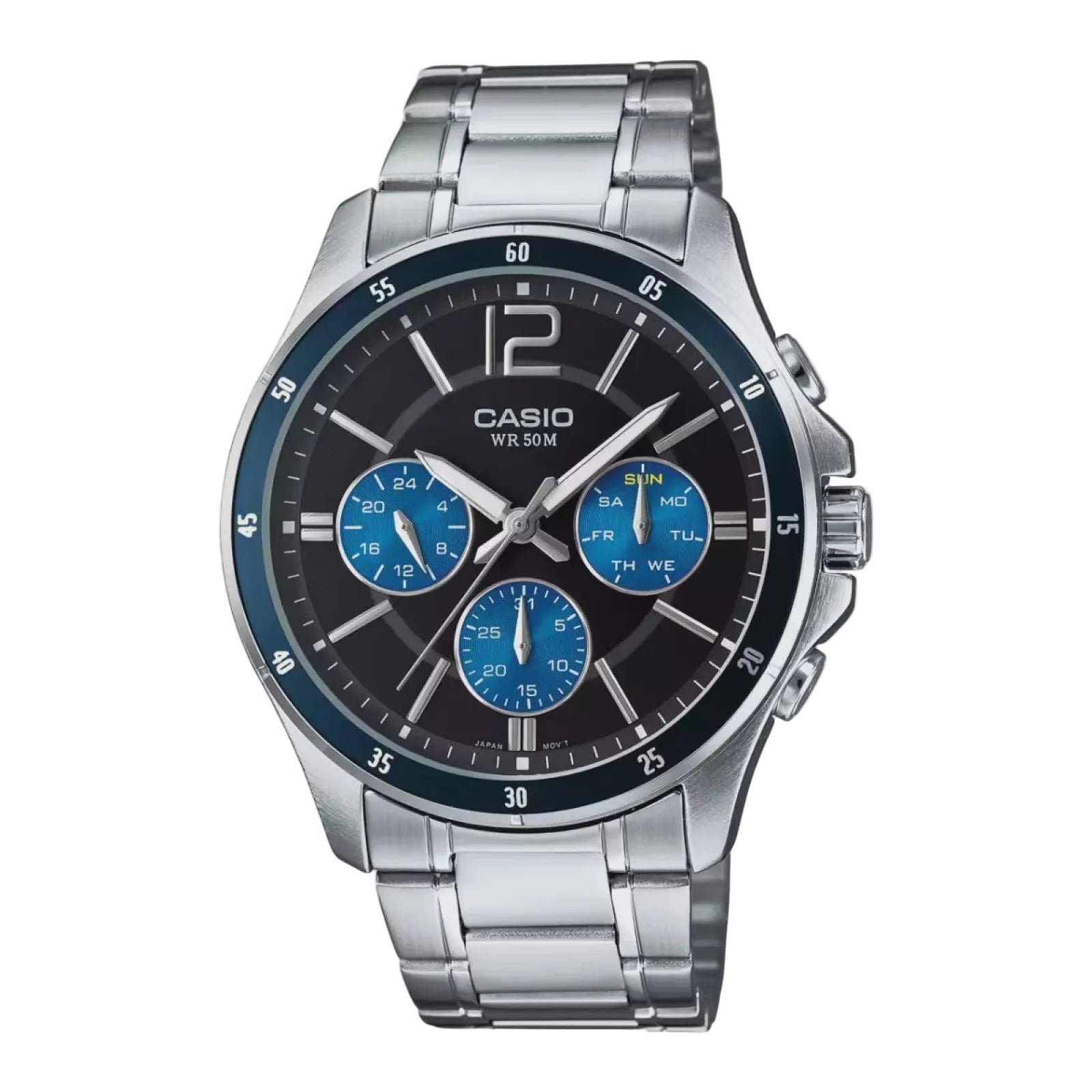 Casio MTP-1374D-2AVDF mens quartz watch with 43.5mm stainless steel case, black dial with blue sub-dials, blue rotating bezel and stainless steel bracelet