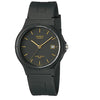 Casio MW-59-1EV quartz watch with black resin case, black dial with gold-tone markers and hands, date window, and integrated black resin strap