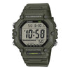 Casio AE-1600HX-3AVDF Illuminator digital watch in olive green resin with extra long strap and LCD display showing dual time and alarm functions.
Cassimsandco.