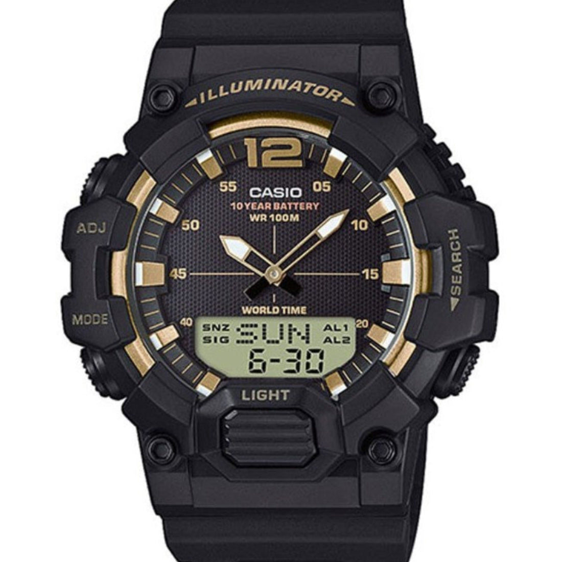 Casio HDC-700 quartz analogue-digital watch with black resin case, gold-tone hour markers, digital sub-dial, and 100m water resistance