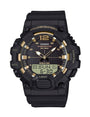 Casio HDC-700 quartz analogue-digital watch with black resin case, gold-tone hour markers, digital sub-dial, and 100m water resistance