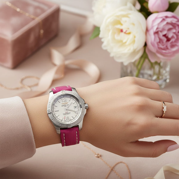 Cassims&Co. Breitling Colt Lady watch with white dial and pink leather strap worn on a wrist with floral background