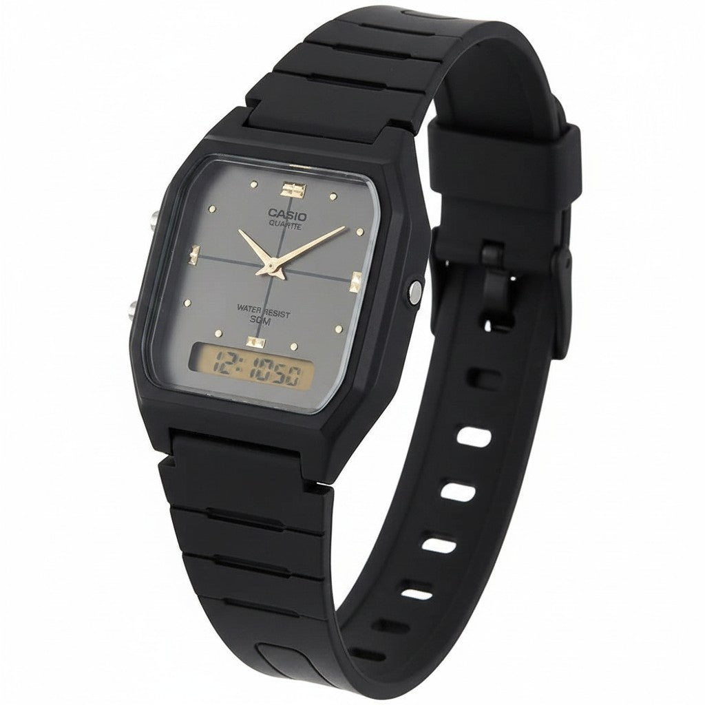 Cassims&Co. Casio ana-digi watch with a grey dial, gold indices, and a black resin strap on a white background.