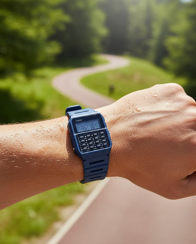 Cassims&Co. Casio Databank blue resin calculator watch worn on a wrist with a blurred outdoor path in the background
