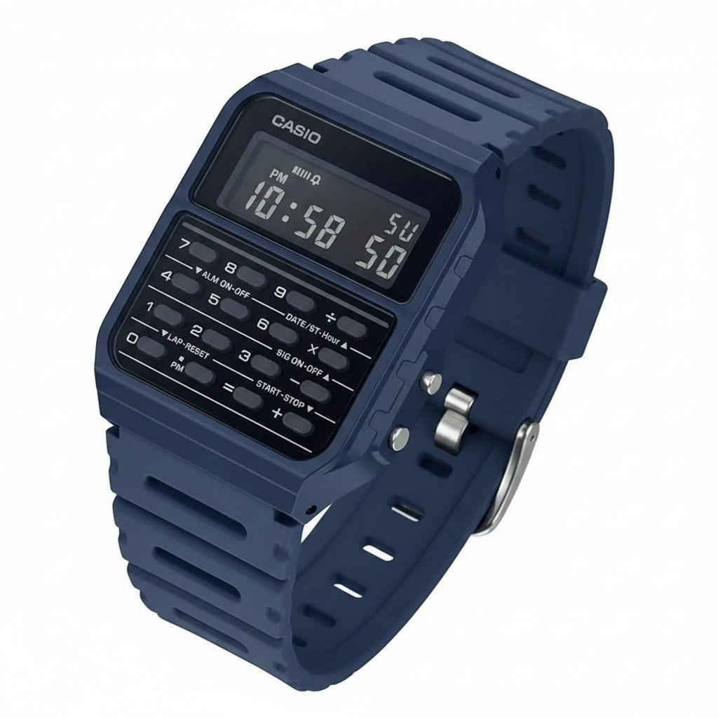 Cassims&Co. navy blue Casio Databank digital calculator watch with resin strap and retro 1980s design