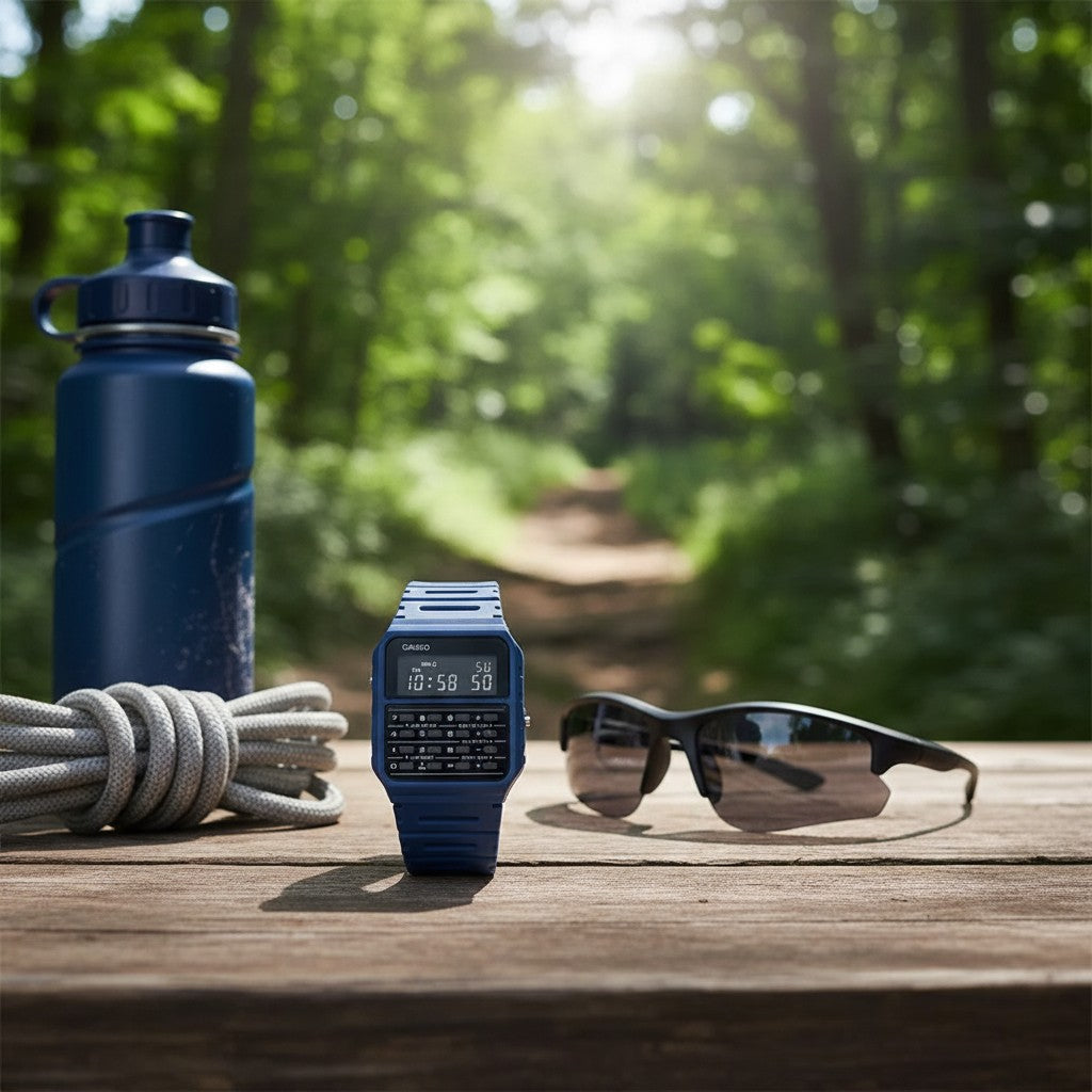 Cassims&Co. Casio Databank navy blue resin calculator watch with digital display on a wooden table in a forest setting.