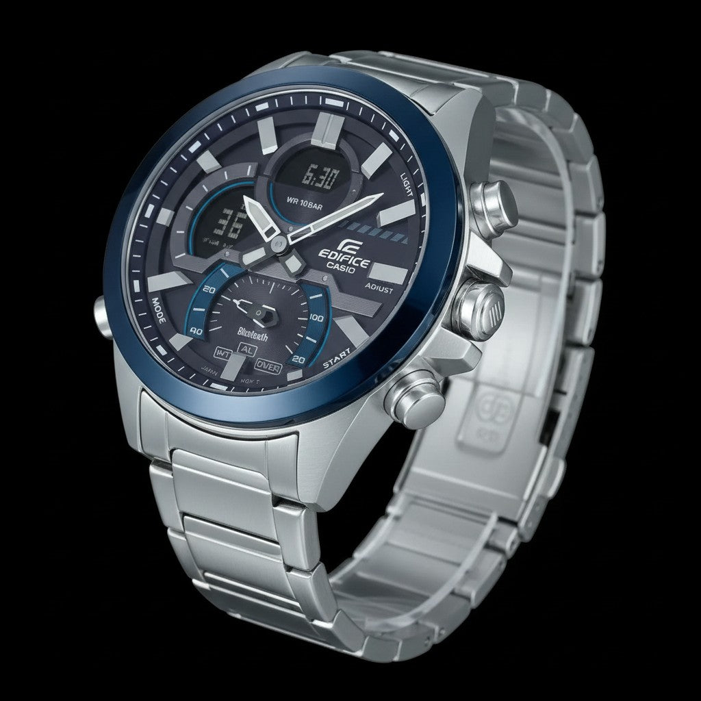 Cassims&Co. Casio Edifice Bluetooth chronograph watch with a blue bezel, black dial, and stainless steel bracelet.