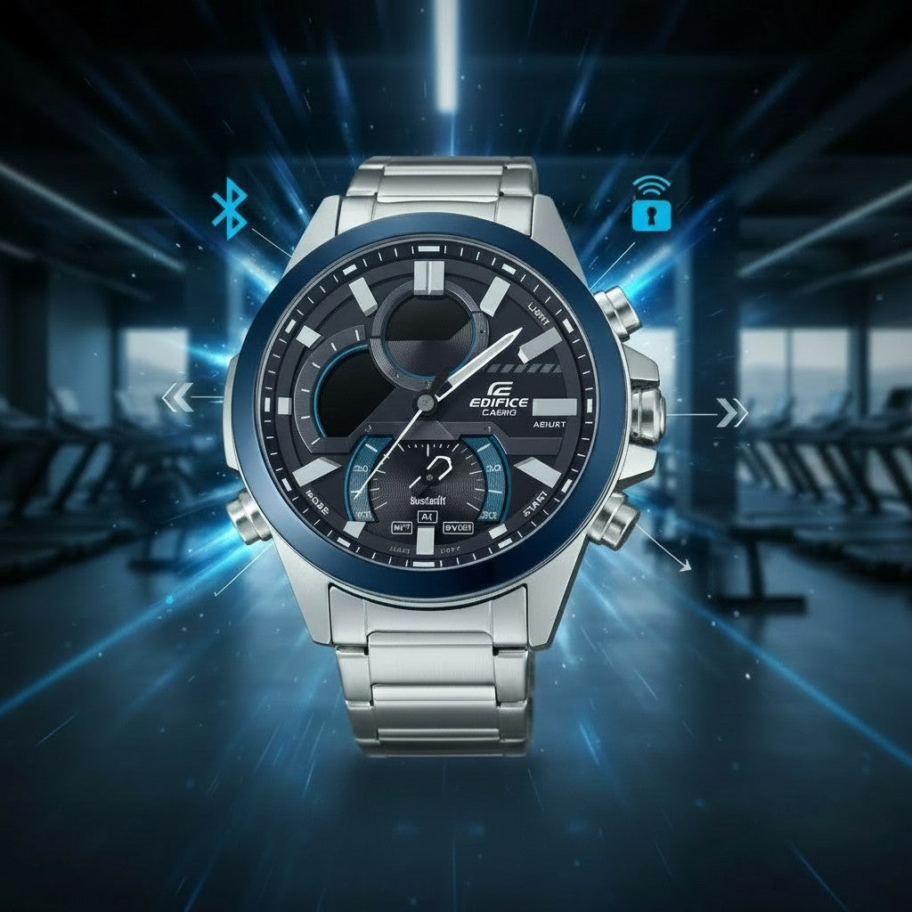 Cassims&Co. Casio Edifice Bluetooth chronograph watch with blue bezel, black ana-digi dial, and stainless steel band.