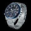 Cassims&Co. Casio Edifice Bluetooth chronograph watch with a blue bezel, black dial, and stainless steel bracelet.