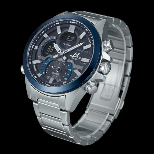 Cassims&Co. Casio Edifice Bluetooth chronograph watch with a blue bezel, black dial, and stainless steel bracelet.