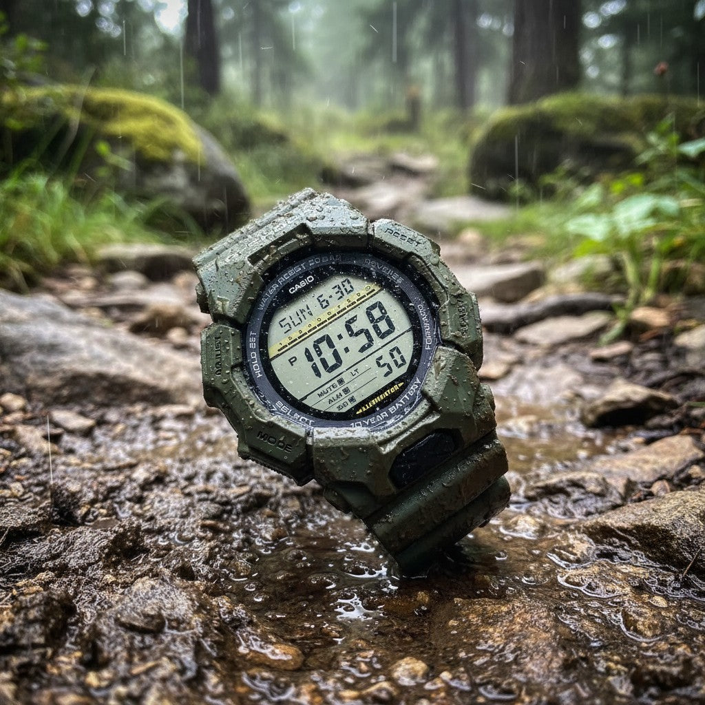 Cassims&Co. Casio G-Shock GD-010-3 green resin digital watch with 10-year battery in a rainy forest setting.