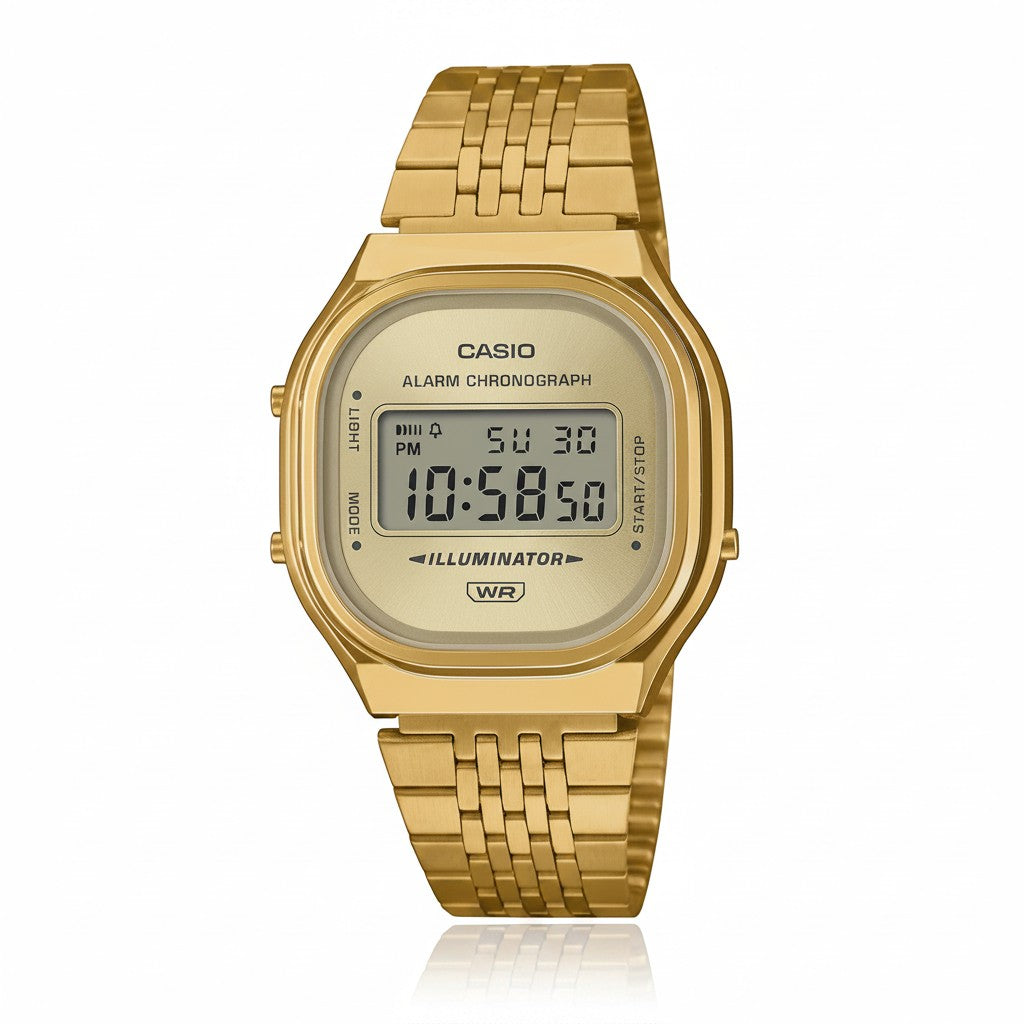 Cassims&Co. Casio Vintage gold tone digital watch with a champagne dial and stainless steel link bracelet.