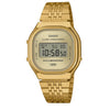 Cassims&Co. Casio Vintage gold tone digital watch with a champagne dial and stainless steel link bracelet.