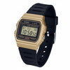 Cassims&Co. Casio F-91WM vintage digital watch with a gold-tone case and black resin strap on a white background.