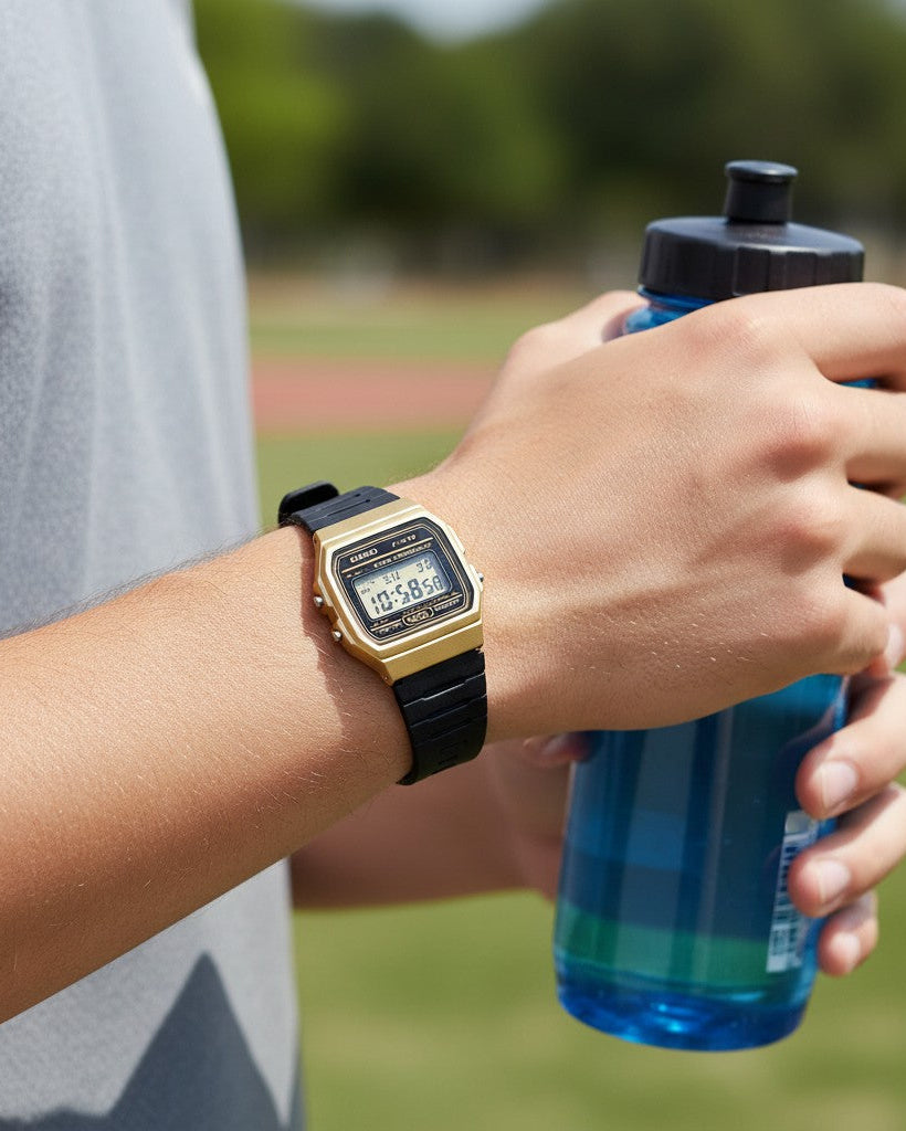 Cassims&Co. Casio F-91WM digital watch with gold-tone case and black resin strap worn on a wrist holding a water bottle