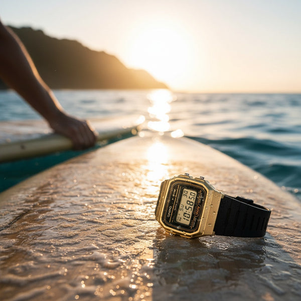 Cassims&Co. Casio F-91WM gold-tone digital watch with black resin strap resting on a surfboard at sunset