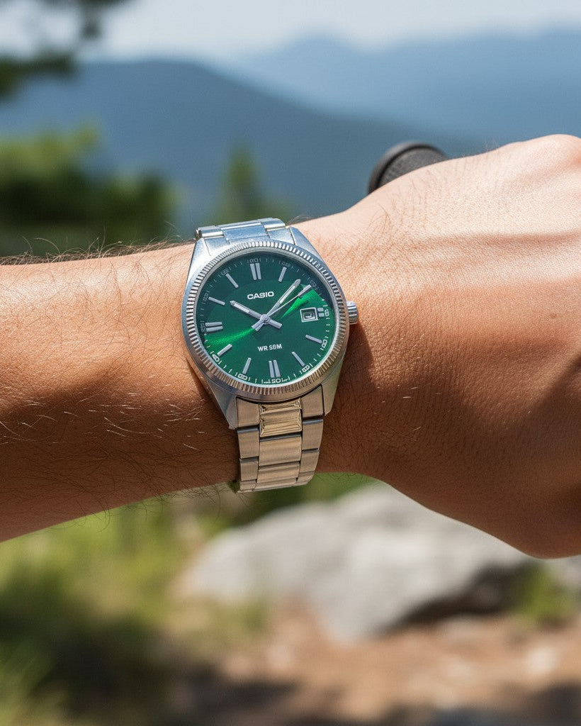 Cassims&Co. Casio Enticer watch with a green sunray dial and stainless steel bracelet worn on a wrist outdoors.