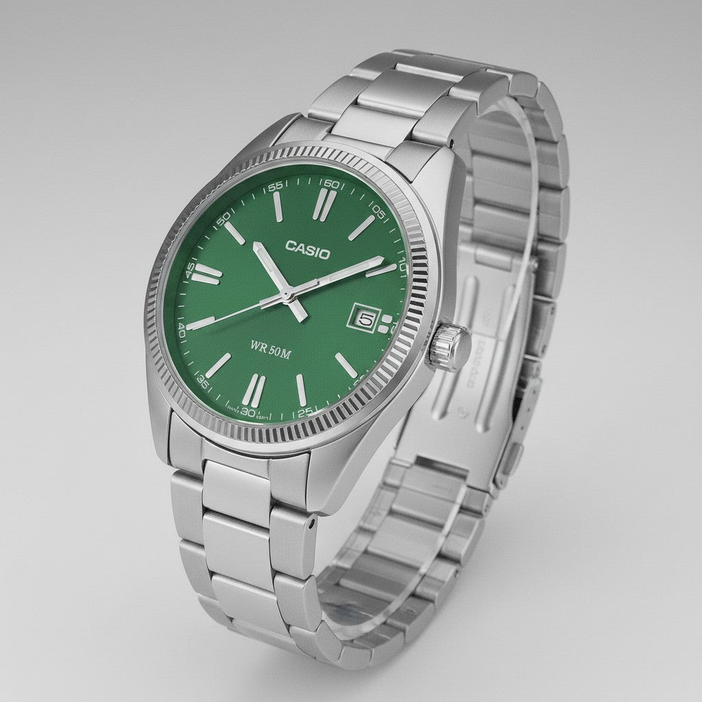Cassims&Co. Casio Enticer watch with a green sunray dial, stainless steel case, fluted bezel, and metal bracelet.
