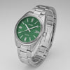 Cassims&Co. Casio Enticer watch with a green sunray dial, stainless steel case, fluted bezel, and metal bracelet.