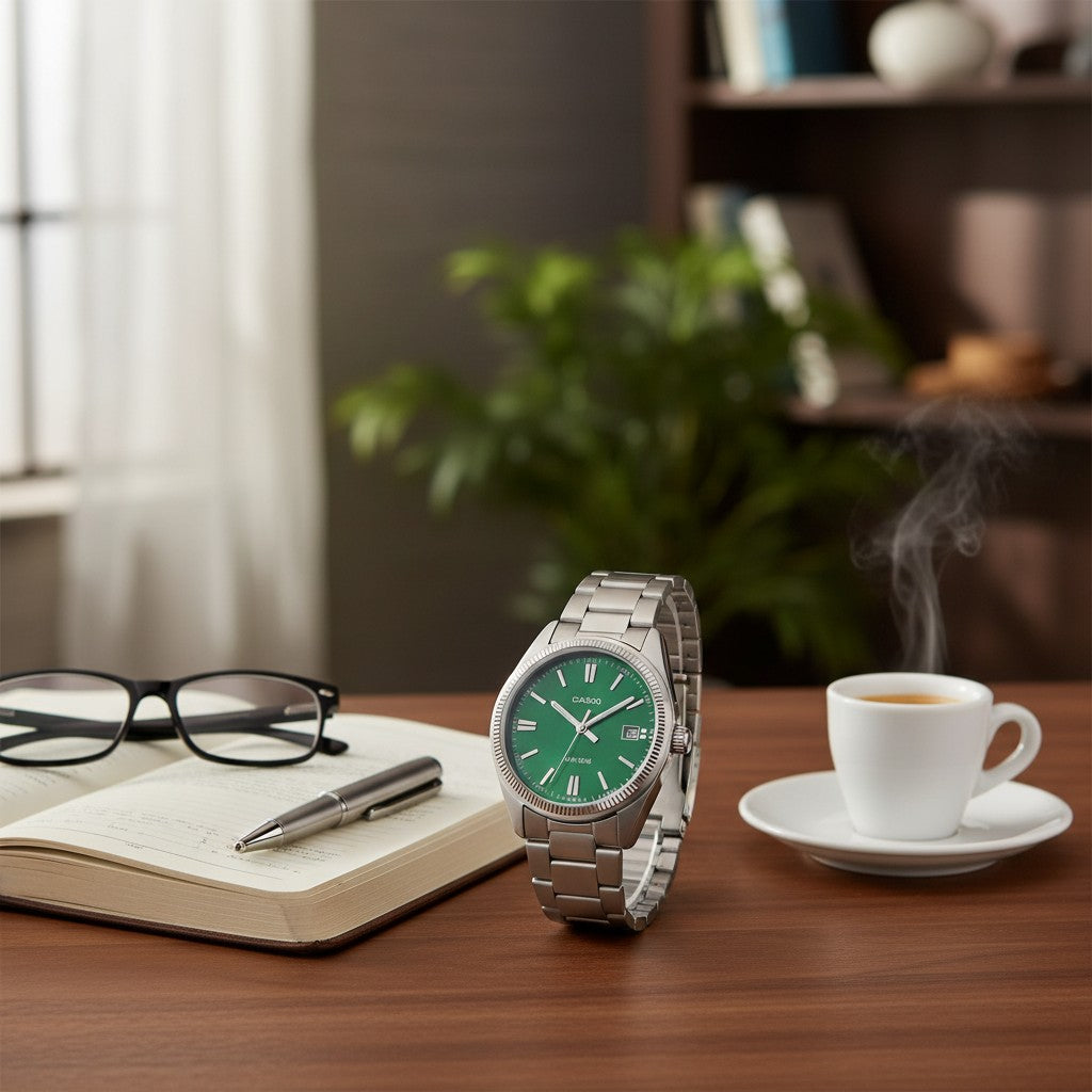 Cassims&Co. Casio Enticer watch with a green sunray dial and stainless steel bracelet on a desk with coffee and a book.