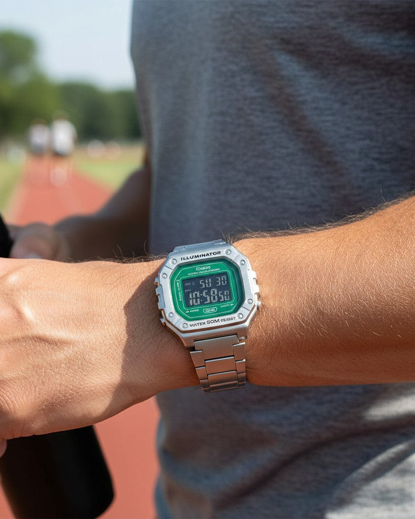 Cassims&Co. Casio Illuminator digital watch with a green dial and stainless steel bracelet worn on a runner's wrist.