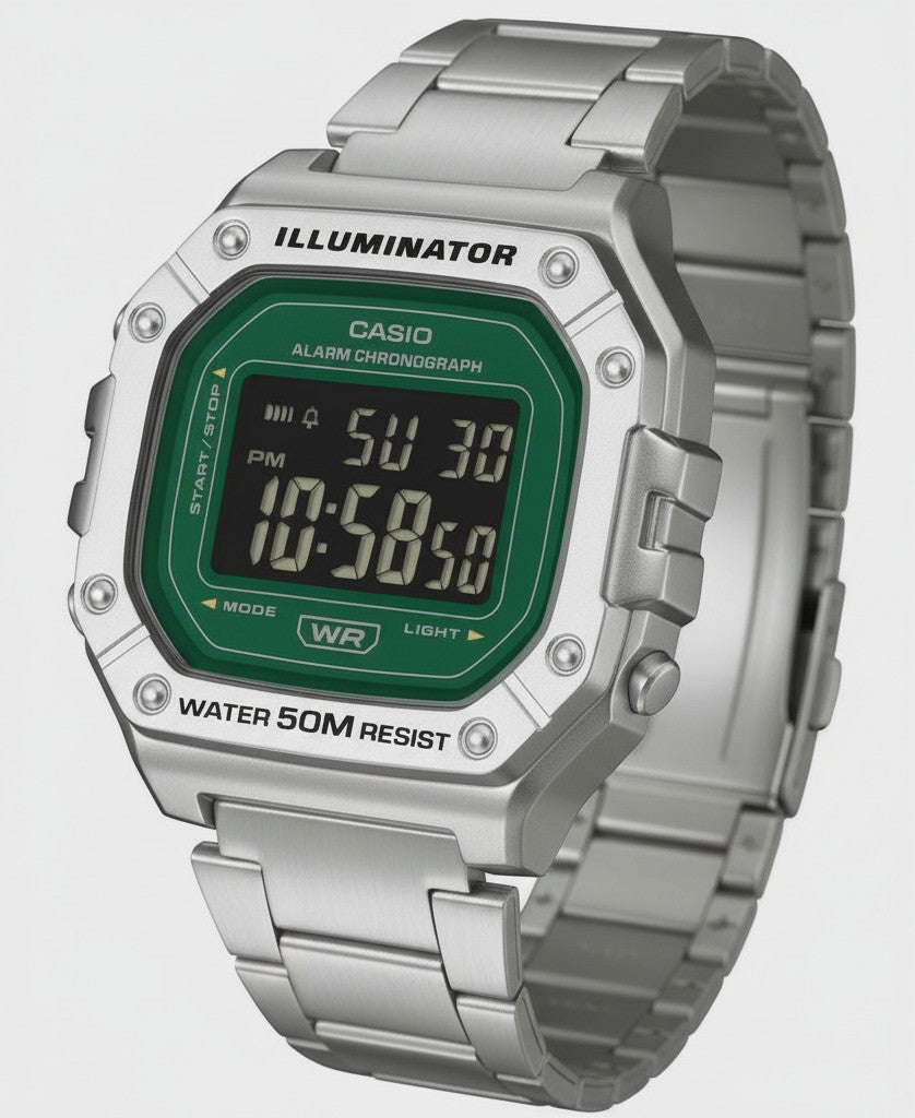 Cassims&Co. Casio Illuminator digital watch with a green dial and stainless steel bracelet, square case design.
