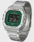Cassims&Co. Casio Illuminator digital watch with a green dial and stainless steel bracelet, square case design.