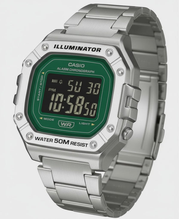 Cassims&Co. Casio Illuminator digital watch with a green dial and stainless steel bracelet, square case design.