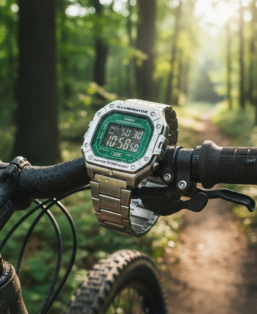 Cassims&Co. Casio W-218HD Illuminator digital watch with a green dial and stainless steel band on a bicycle handlebar