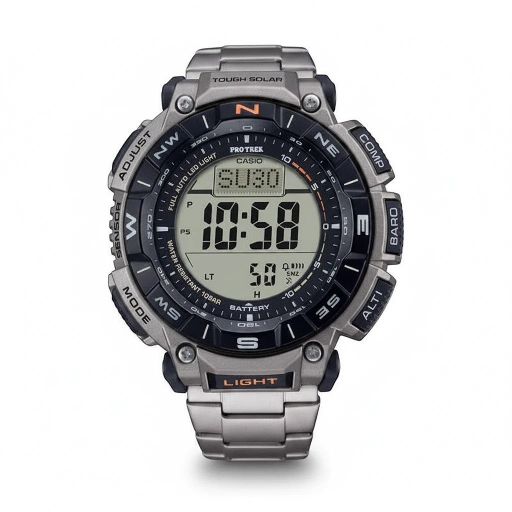 Cassims&Co. Casio Pro Trek titanium digital watch with solar power, compass bezel, and orange accents.