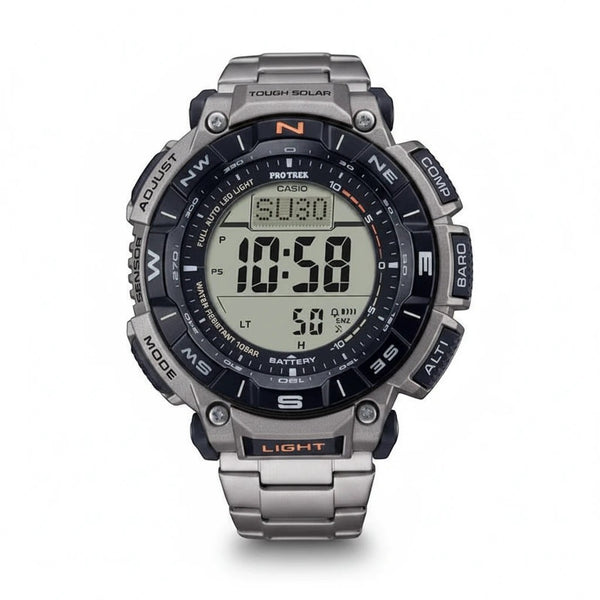 Cassims&Co. Casio Pro Trek titanium digital watch with solar power, compass bezel, and orange accents.