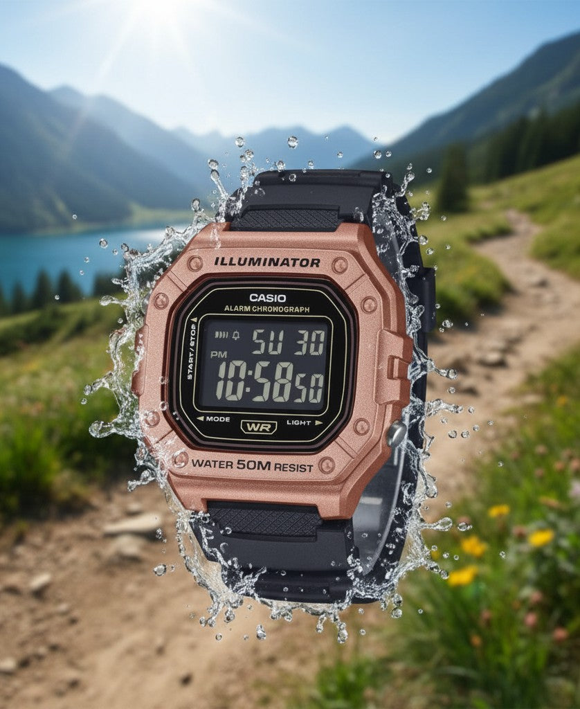 Cassims&Co. Casio Illuminator digital watch with rose gold case and black resin strap splashing in mountain landscape