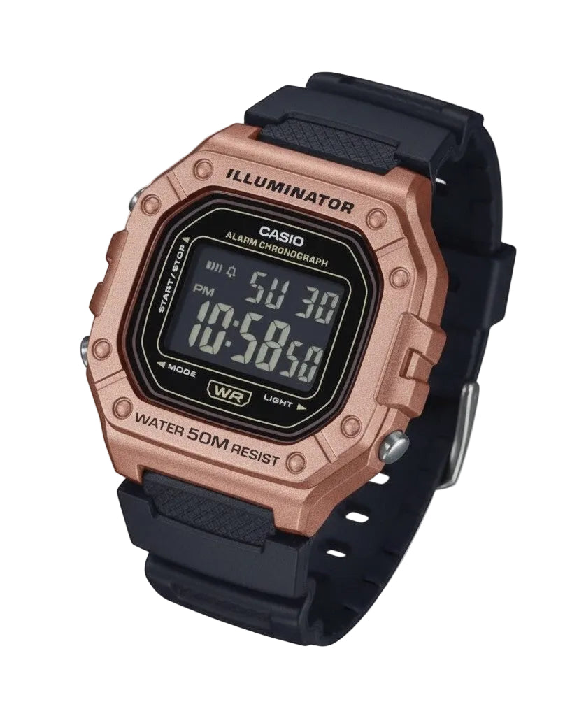 Cassims&Co. Casio Illuminator digital watch with a rose gold square case and black resin strap on a light background.