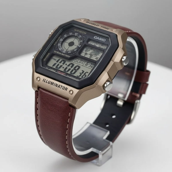Cassims&Co. Casio Royale digital watch with a champagne-gold resin case and brown leather strap on a white surface.