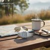 Cassims&Co. Casio A158WEA-7DF silver digital watch with stainless steel band on a wooden table with map and coffee