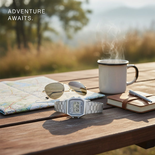 Cassims&Co. Casio A158WEA-7DF silver digital watch with stainless steel band on a wooden table with map and coffee