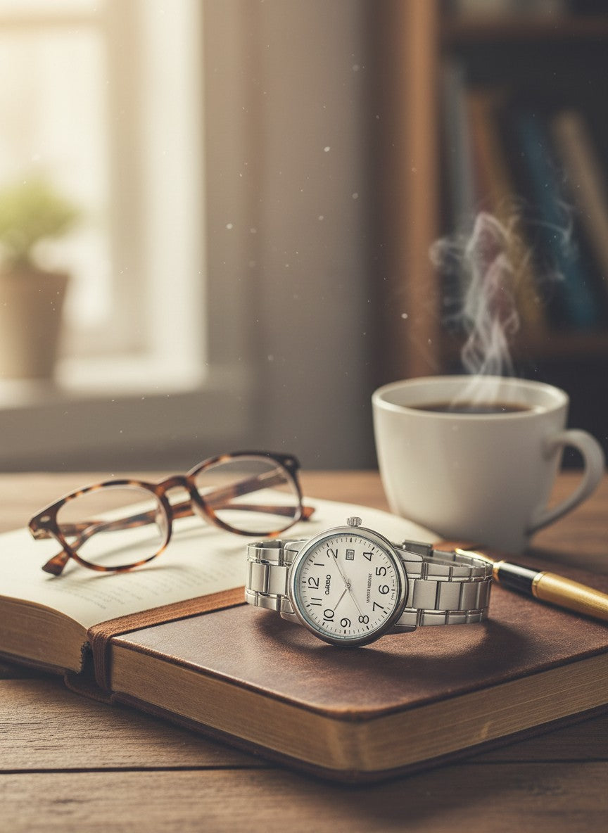 Cassims&Co. Casio quartz watch with white dial and stainless steel bracelet resting on a book with glasses and coffee