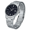 Cassims&Co. Casio quartz watch with a black dial, Roman numerals, and a polished stainless steel bracelet.