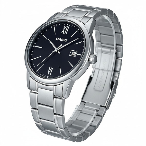 Cassims&Co. Casio quartz watch with a black dial, Roman numerals, and a polished stainless steel bracelet.